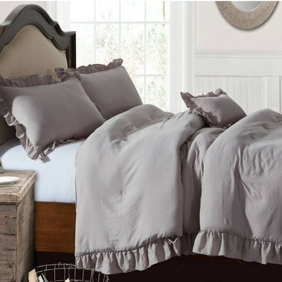 NWT Ruffle Duvet Cover Set King 3 PCs 100% Washed Cotton Gray Solid Bedding - Picture 8 of 8